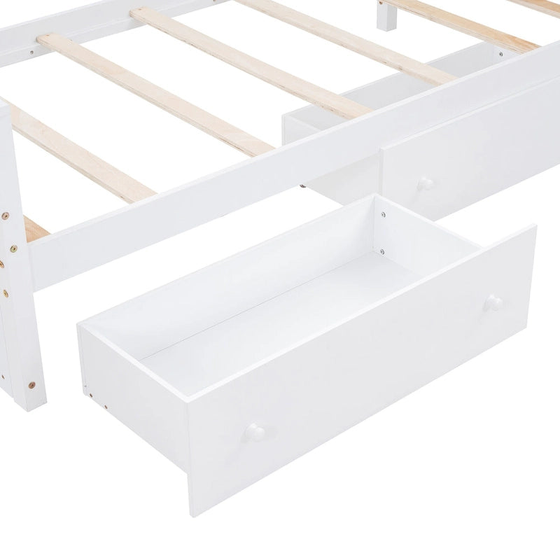 L-shaped Space-Saving Twin Loft and Twin Platform Bed with 7 Drawers and Full Guardrails
