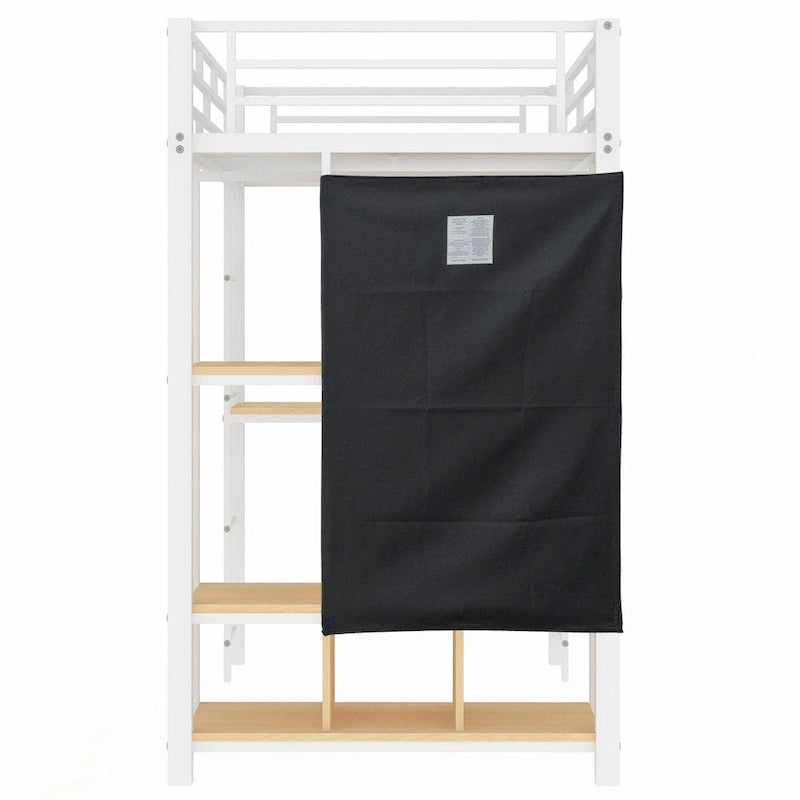 Twin Size Metal Loft Bed with Built-in Wardrobe, Desk and Shelves