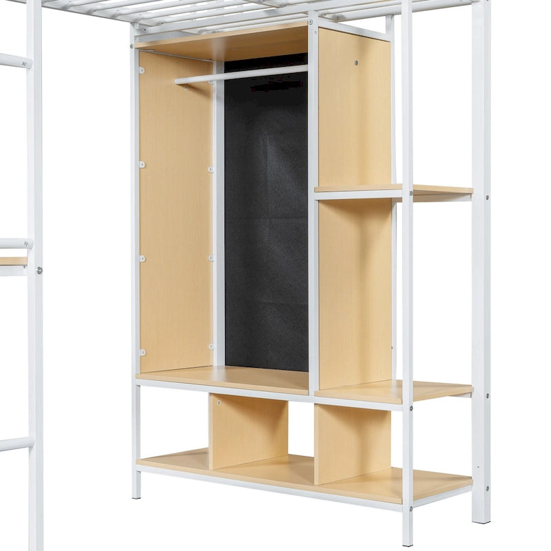 Lit mezzanine en métal une place avec armoire à rideau, bureau, étagères de rangement et escalier