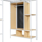 Lit mezzanine en métal une place avec armoire à rideau, bureau, étagères de rangement et escalier