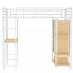 Lit mezzanine en métal une place avec armoire à rideau, bureau, étagères de rangement et escalier