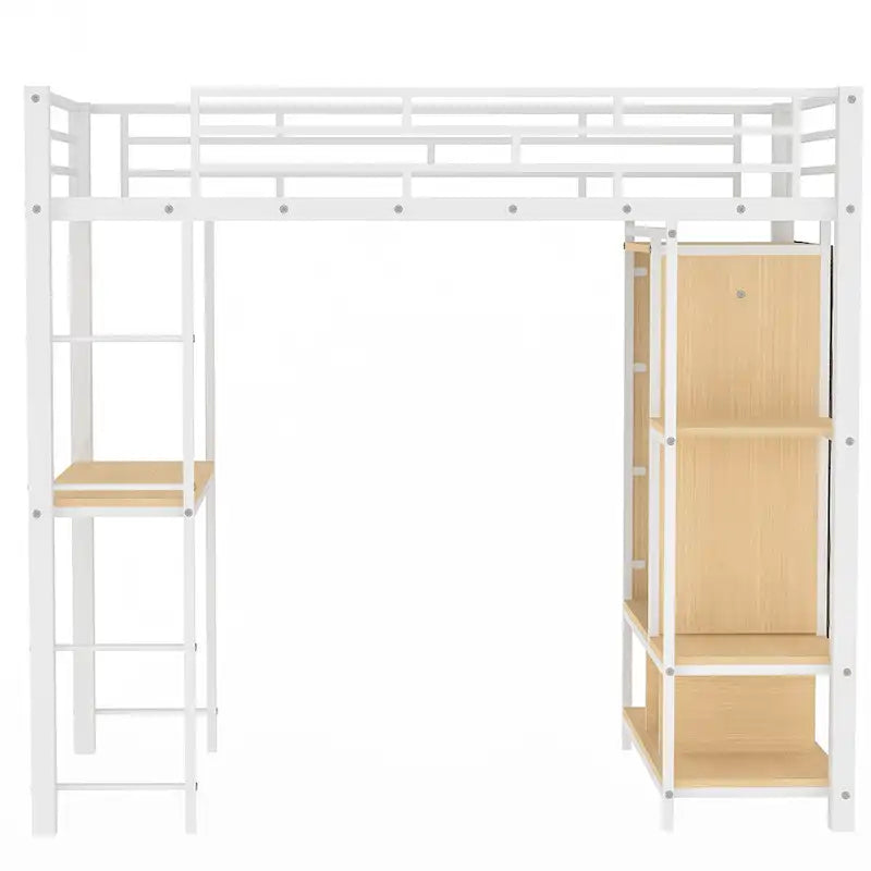 Lit mezzanine en métal une place avec armoire à rideau, bureau, étagères de rangement et escalier