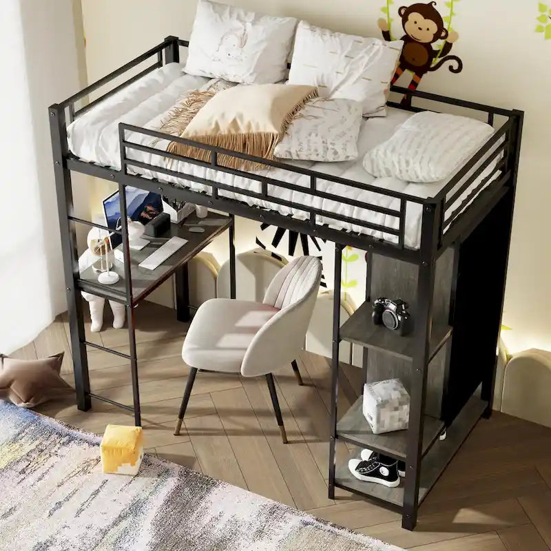 Lit mezzanine en métal une place avec armoire à rideau, bureau, étagères de rangement et escalier