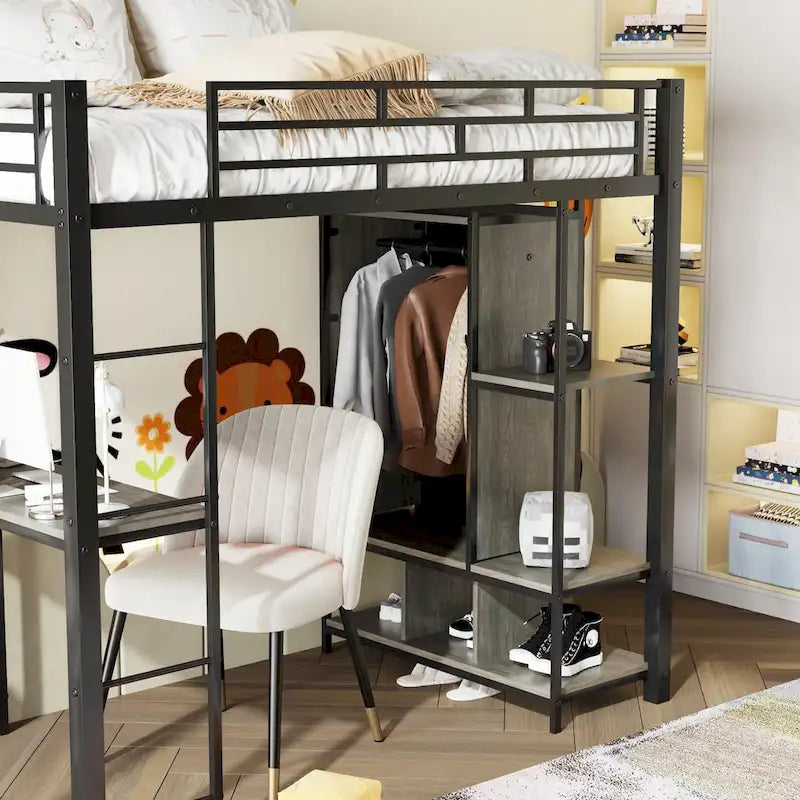 Lit mezzanine en métal une place avec armoire à rideau, bureau, étagères de rangement et escalier