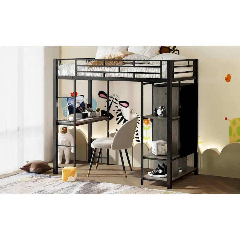 Lit mezzanine en métal une place avec armoire à rideau, bureau, étagères de rangement et escalier