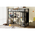 Lit mezzanine en métal une place avec armoire à rideau, bureau, étagères de rangement et escalier