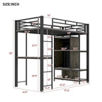 Lit mezzanine en métal une place avec armoire à rideau, bureau, étagères de rangement et escalier