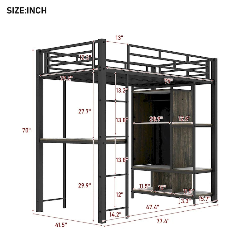 Lit mezzanine en métal une place avec armoire à rideau, bureau, étagères de rangement et escalier