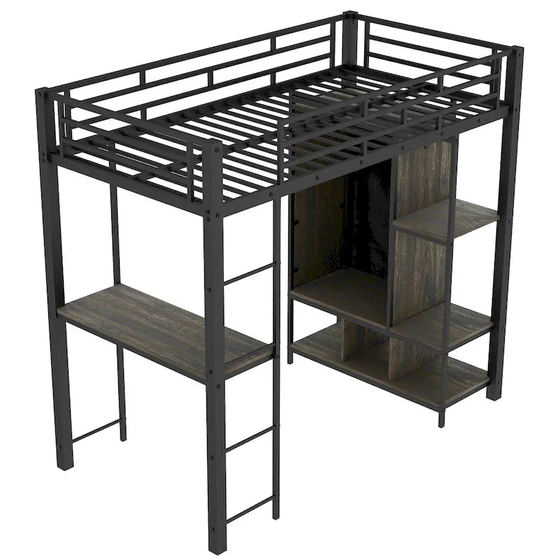 Lit mezzanine en métal une place avec armoire à rideau, bureau, étagères de rangement et escalier
