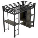 Lit mezzanine en métal une place avec armoire à rideau, bureau, étagères de rangement et escalier