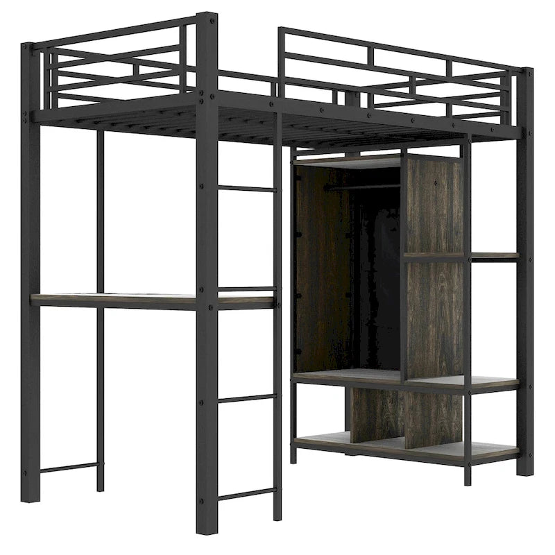 Lit mezzanine en métal une place avec armoire à rideau, bureau, étagères de rangement et escalier
