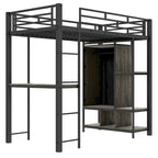 Lit mezzanine en métal une place avec armoire à rideau, bureau, étagères de rangement et escalier