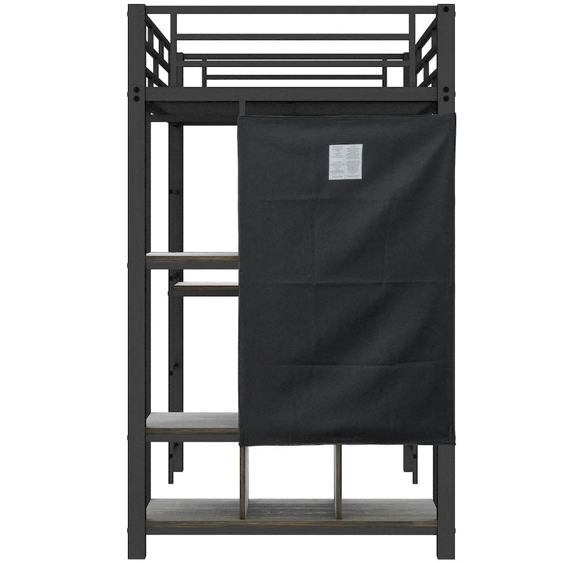 Lit mezzanine en métal une place avec armoire à rideau, bureau, étagères de rangement et escalier