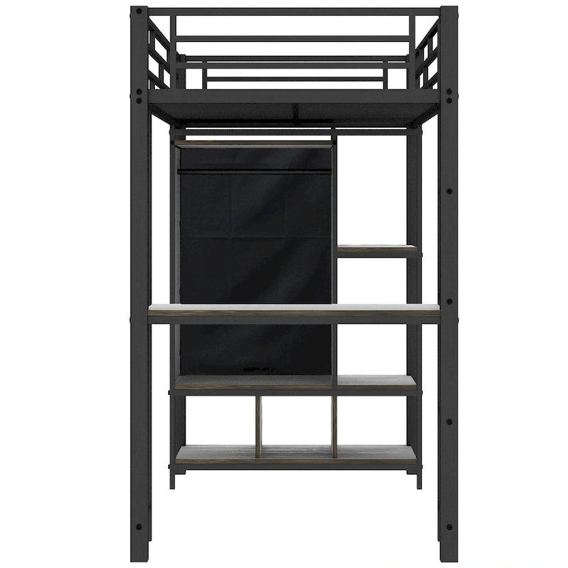 Lit mezzanine en métal une place avec armoire à rideau, bureau, étagères de rangement et escalier