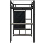 Lit mezzanine en métal une place avec armoire à rideau, bureau, étagères de rangement et escalier