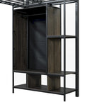 Lit mezzanine en métal une place avec armoire à rideau, bureau, étagères de rangement et escalier