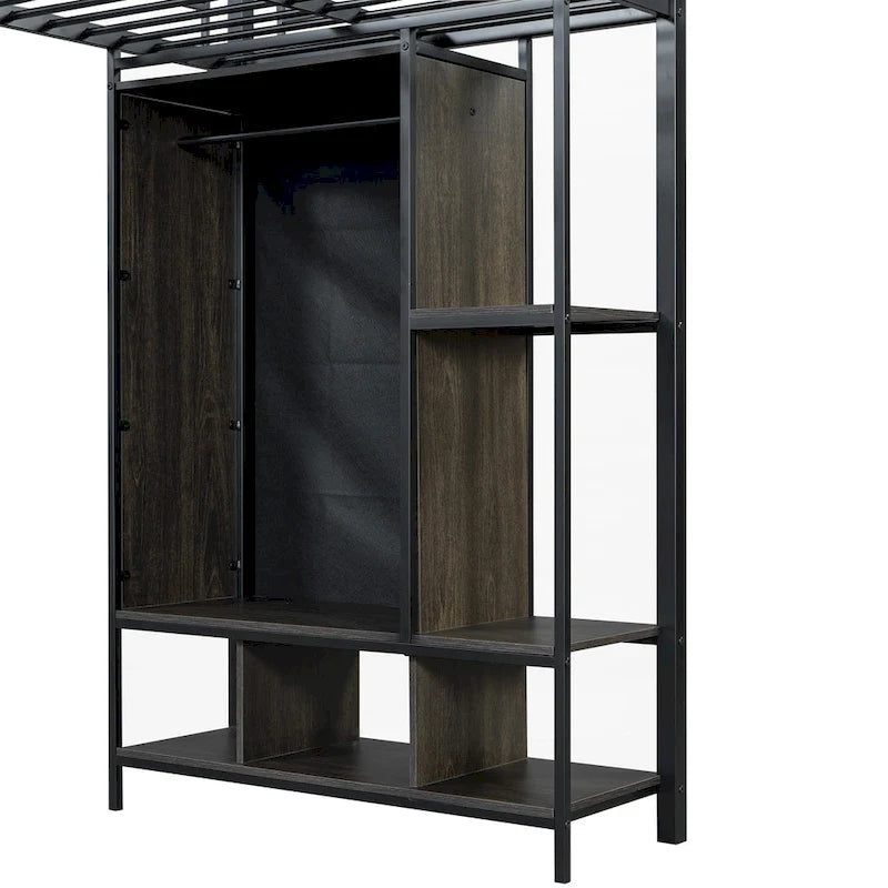 Lit mezzanine en métal une place avec armoire à rideau, bureau, étagères de rangement et escalier