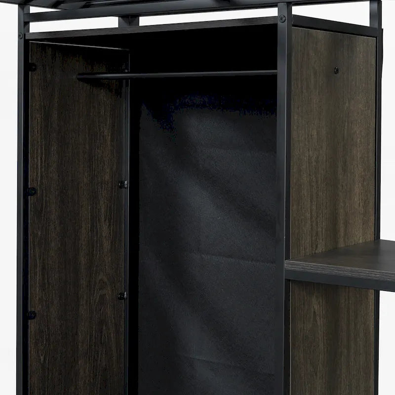Lit mezzanine en métal une place avec armoire à rideau, bureau, étagères de rangement et escalier