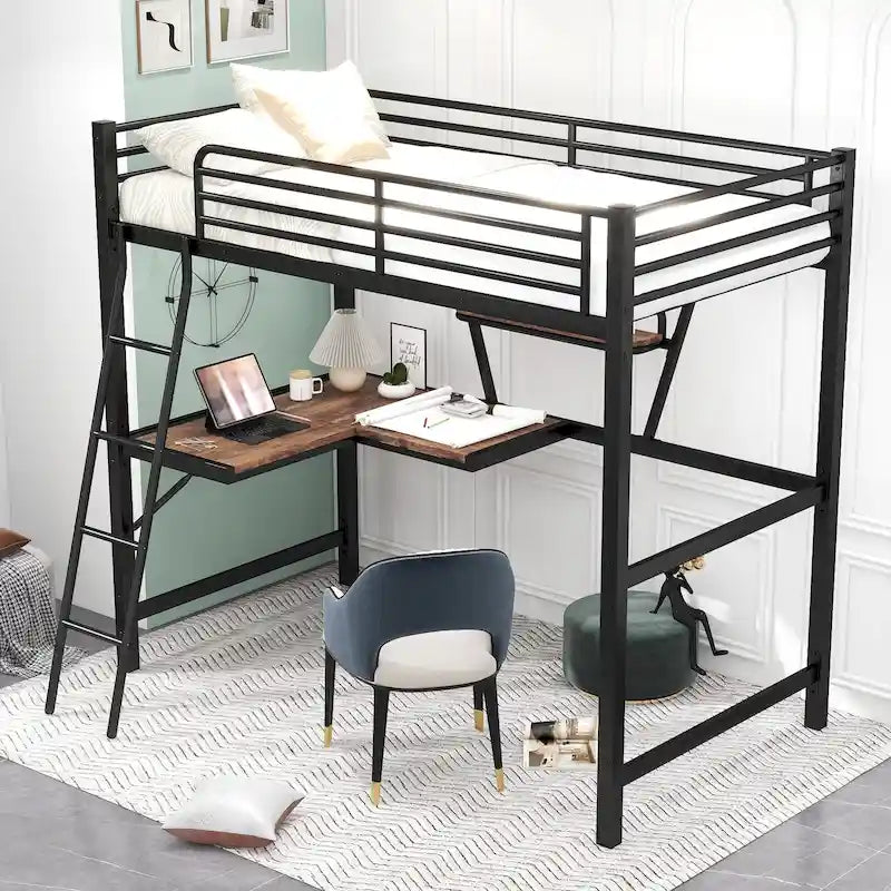 Lit mezzanine noir en métal, format jumeau, avec bureau intégré et étagère de rangement
