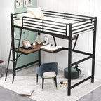 Lit mezzanine noir en métal, format jumeau, avec bureau intégré et étagère de rangement