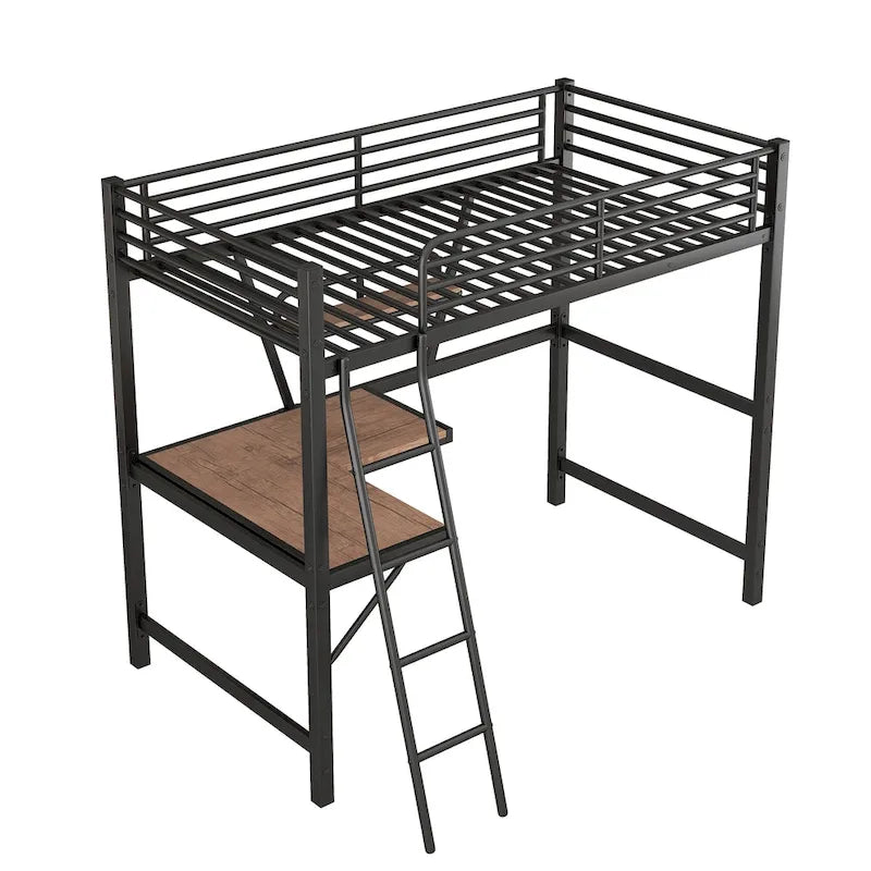 Lit mezzanine noir en métal, format jumeau, avec bureau intégré et étagère de rangement