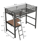 Lit mezzanine noir en métal, format jumeau, avec bureau intégré et étagère de rangement