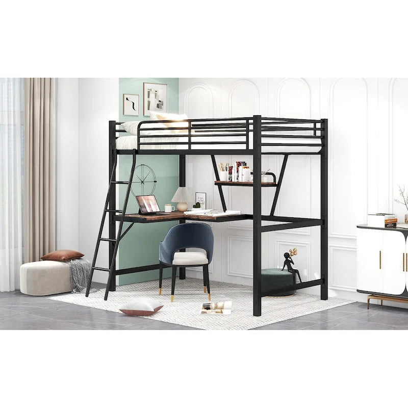 Lit mezzanine noir en métal, format jumeau, avec bureau intégré et étagère de rangement