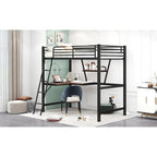 Lit mezzanine noir en métal, format jumeau, avec bureau intégré et étagère de rangement