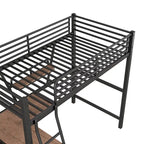Lit mezzanine noir en métal, format jumeau, avec bureau intégré et étagère de rangement