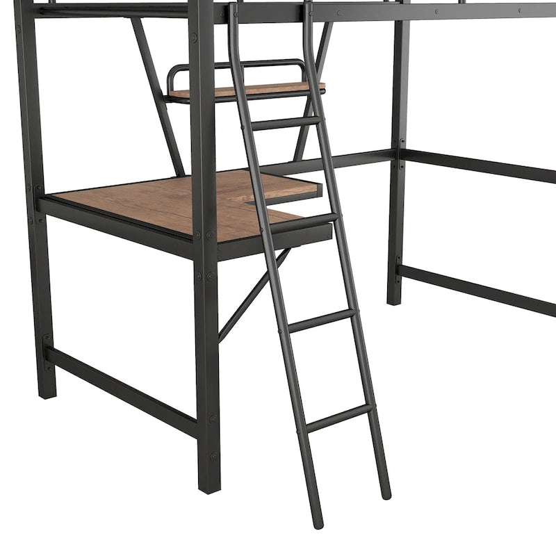 Lit mezzanine noir en métal, format jumeau, avec bureau intégré et étagère de rangement