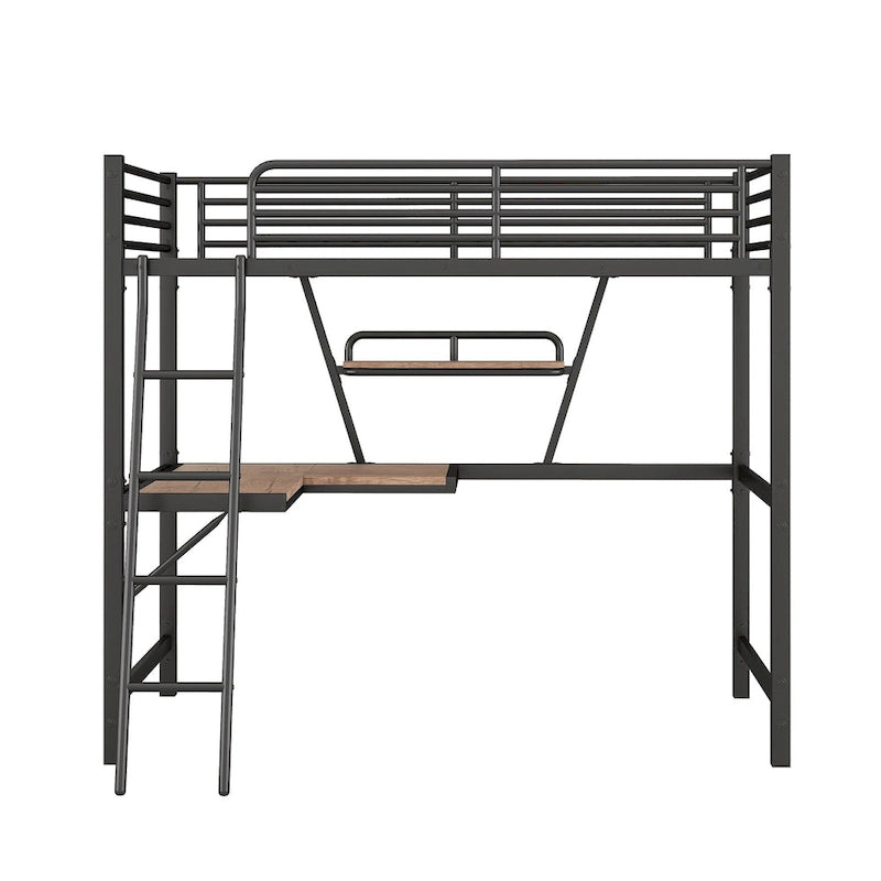 Lit mezzanine noir en métal, format jumeau, avec bureau intégré et étagère de rangement