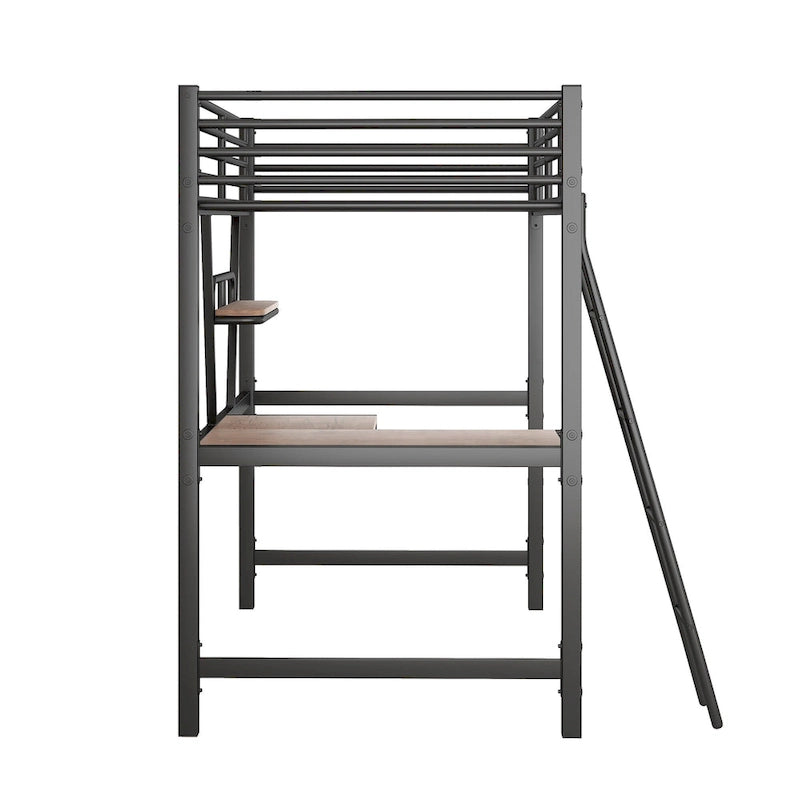 Lit mezzanine noir en métal, format jumeau, avec bureau intégré et étagère de rangement