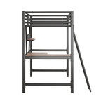 Lit mezzanine noir en métal, format jumeau, avec bureau intégré et étagère de rangement