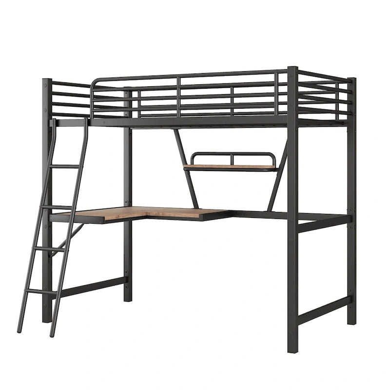 Lit mezzanine noir en métal, format jumeau, avec bureau intégré et étagère de rangement