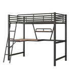 Lit mezzanine noir en métal, format jumeau, avec bureau intégré et étagère de rangement