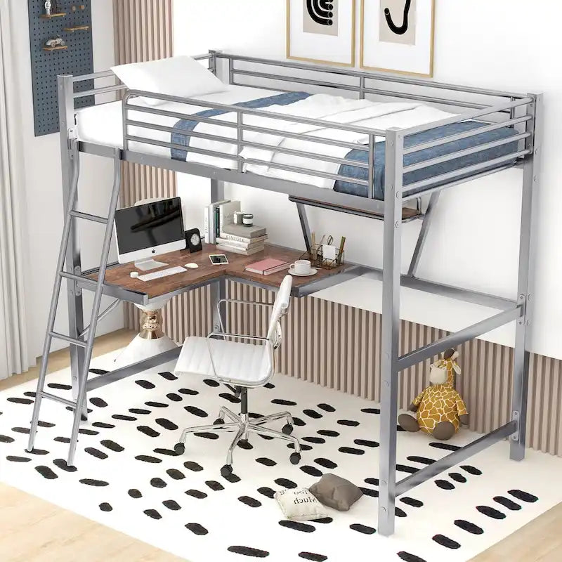Lit mezzanine noir en métal, format jumeau, avec bureau intégré et étagère de rangement