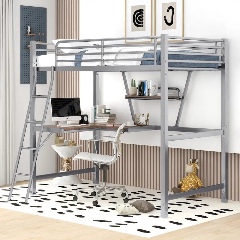 Lit mezzanine noir en métal, format jumeau, avec bureau intégré et étagère de rangement