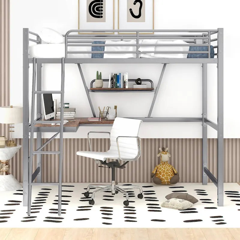 Lit mezzanine noir en métal, format jumeau, avec bureau intégré et étagère de rangement