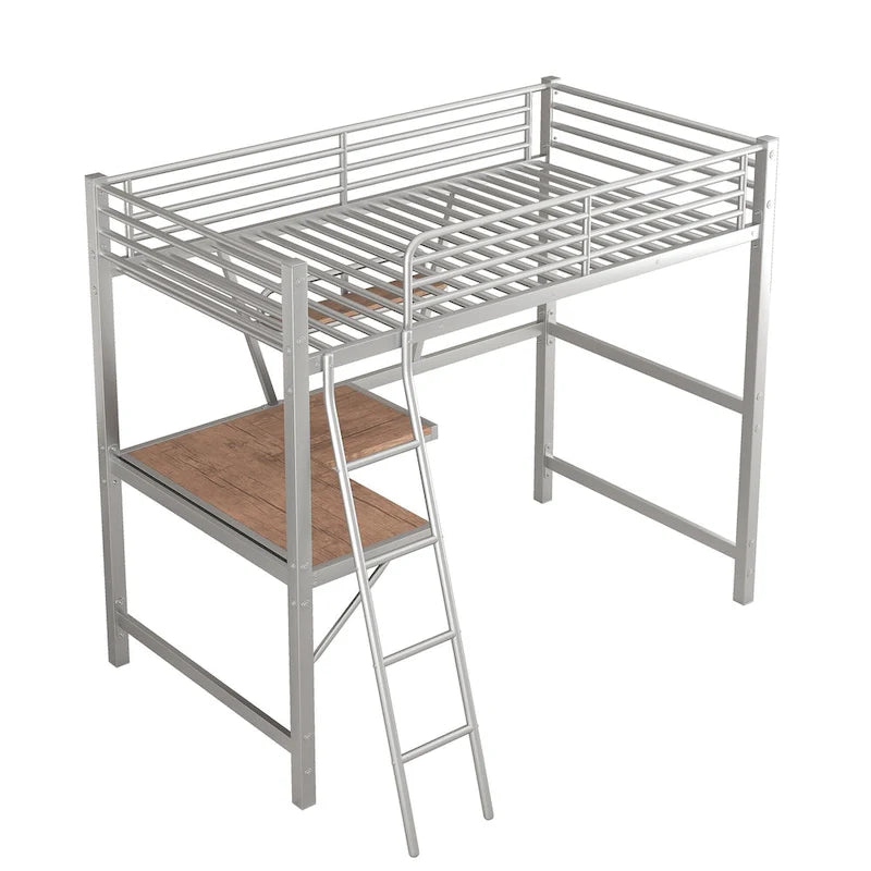 Lit mezzanine noir en métal, format jumeau, avec bureau intégré et étagère de rangement