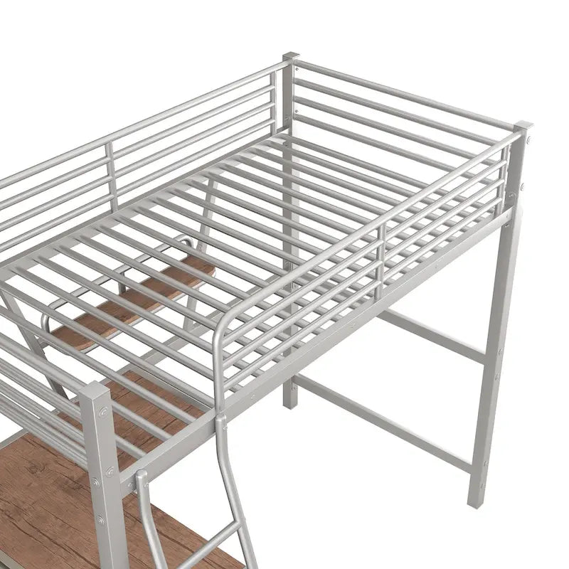 Lit mezzanine noir en métal, format jumeau, avec bureau intégré et étagère de rangement