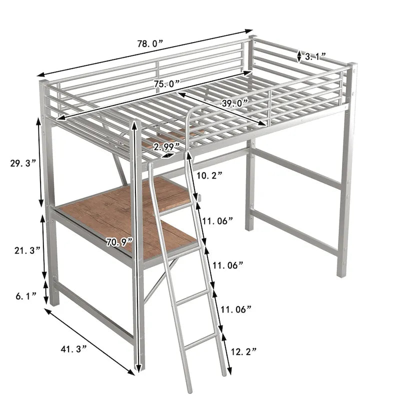 Lit mezzanine noir en métal, format jumeau, avec bureau intégré et étagère de rangement