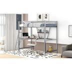 Lit mezzanine noir en métal, format jumeau, avec bureau intégré et étagère de rangement