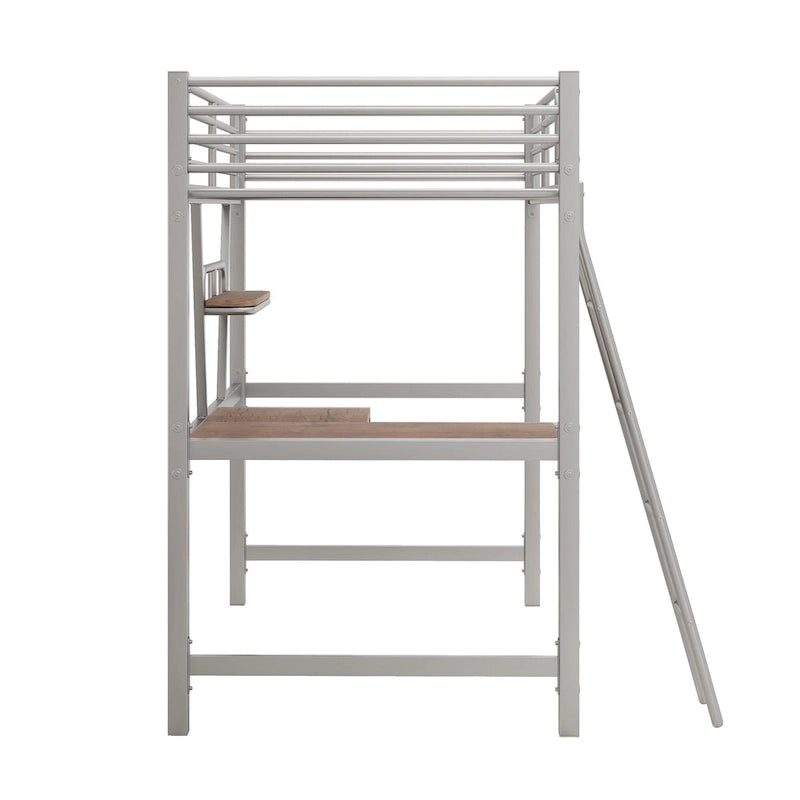Lit mezzanine noir en métal, format jumeau, avec bureau intégré et étagère de rangement