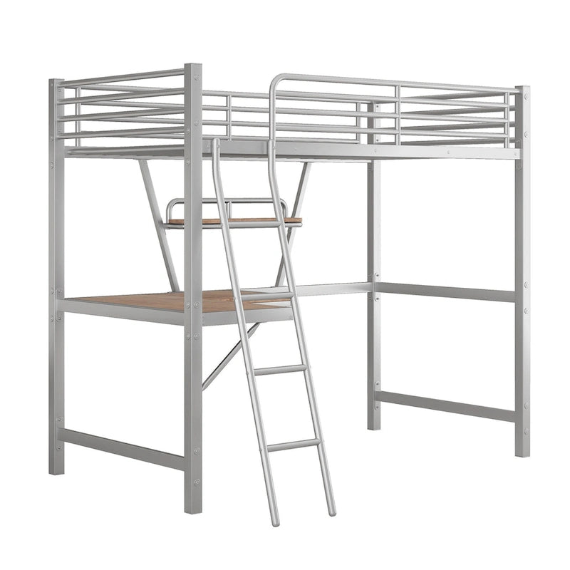 Lit mezzanine noir en métal, format jumeau, avec bureau intégré et étagère de rangement