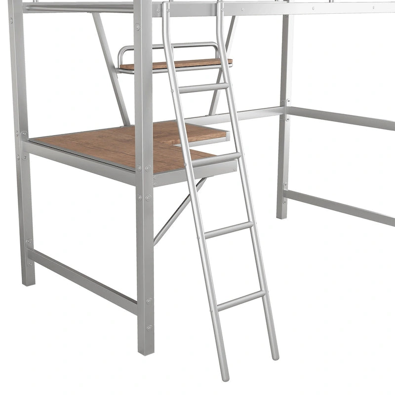 Lit mezzanine noir en métal, format jumeau, avec bureau intégré et étagère de rangement