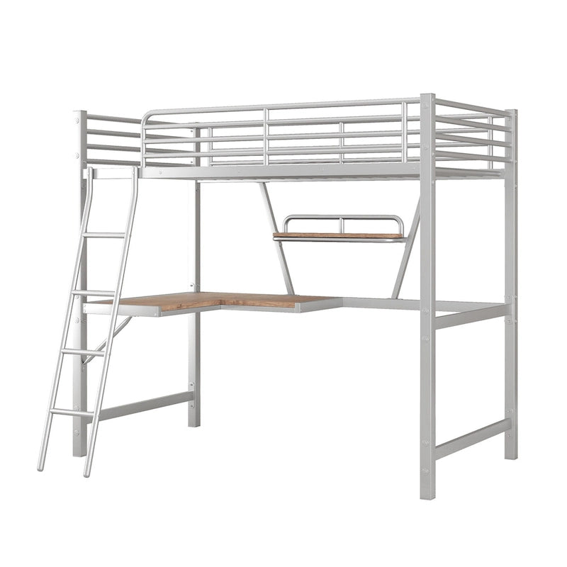 Lit mezzanine noir en métal, format jumeau, avec bureau intégré et étagère de rangement