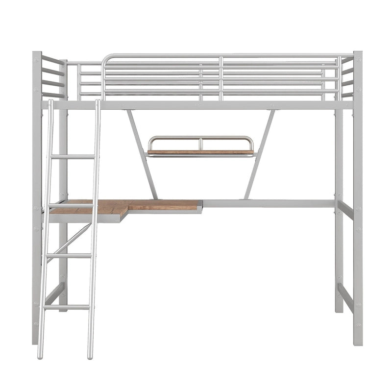Lit mezzanine noir en métal, format jumeau, avec bureau intégré et étagère de rangement
