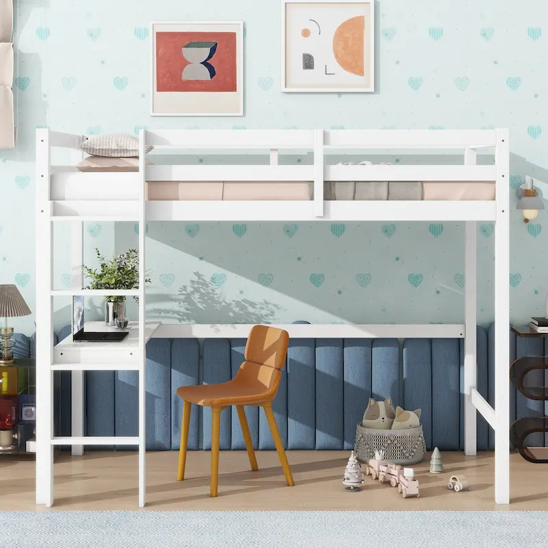 Lit mezzanine double en bois d'hévéa avec bureau intégré et étagères latérales à 2 niveaux