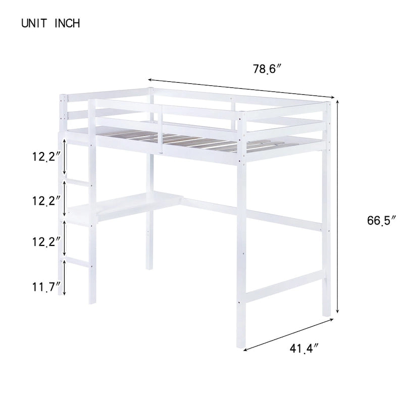 Lit mezzanine double en bois d'hévéa avec bureau intégré et étagères latérales à 2 niveaux