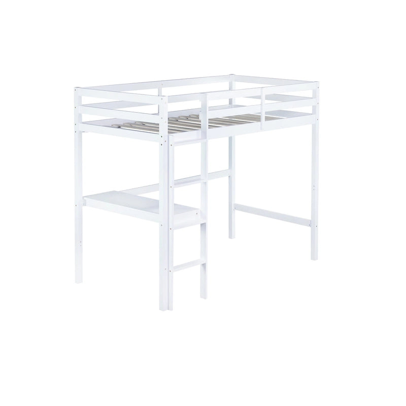 Lit mezzanine double en bois d'hévéa avec bureau intégré et étagères latérales à 2 niveaux